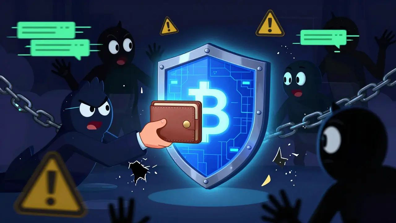 Cartoon shield protecting a crypto wallet from shadowy scam figures