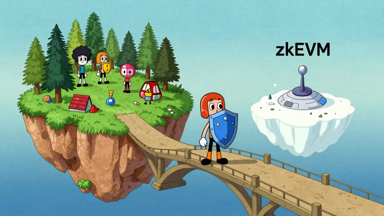 Character crossing a secure bridge between two blockchain islands.