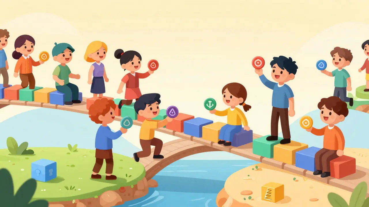 Characters swapping tokens on a digital bridge