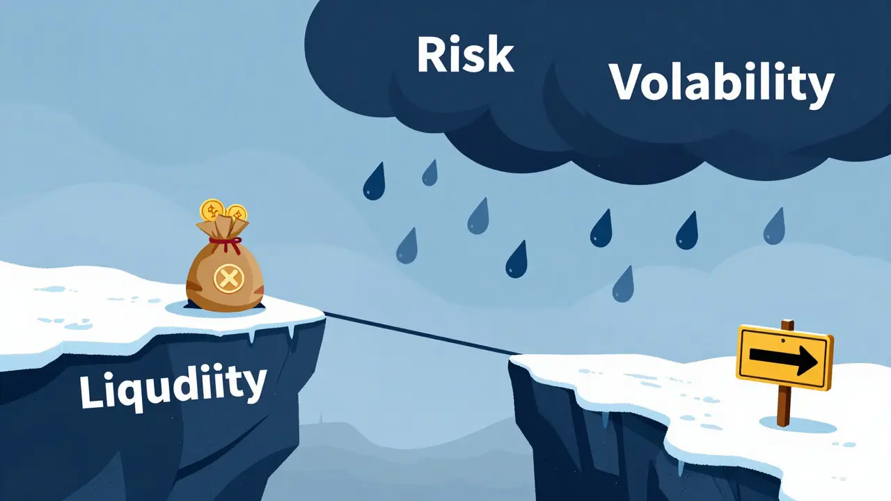 Coins balanced on thin ice ledge under storm clouds illustrating high risk