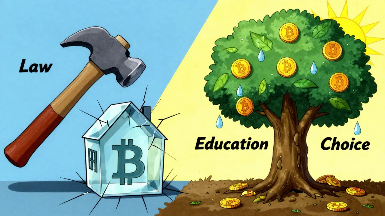 Conceptual art comparing forced crypto laws vs organic adoption