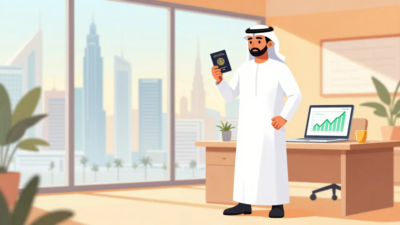 Confident trader enjoying zero-tax benefits in a sunny Dubai office.