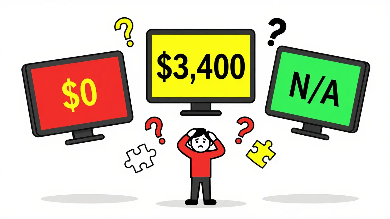 Confused user facing three screens showing conflicting crypto data numbers