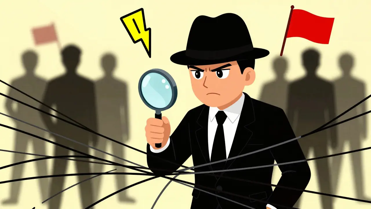 Detective inspecting code with shadowy figures behind, representing security risks.