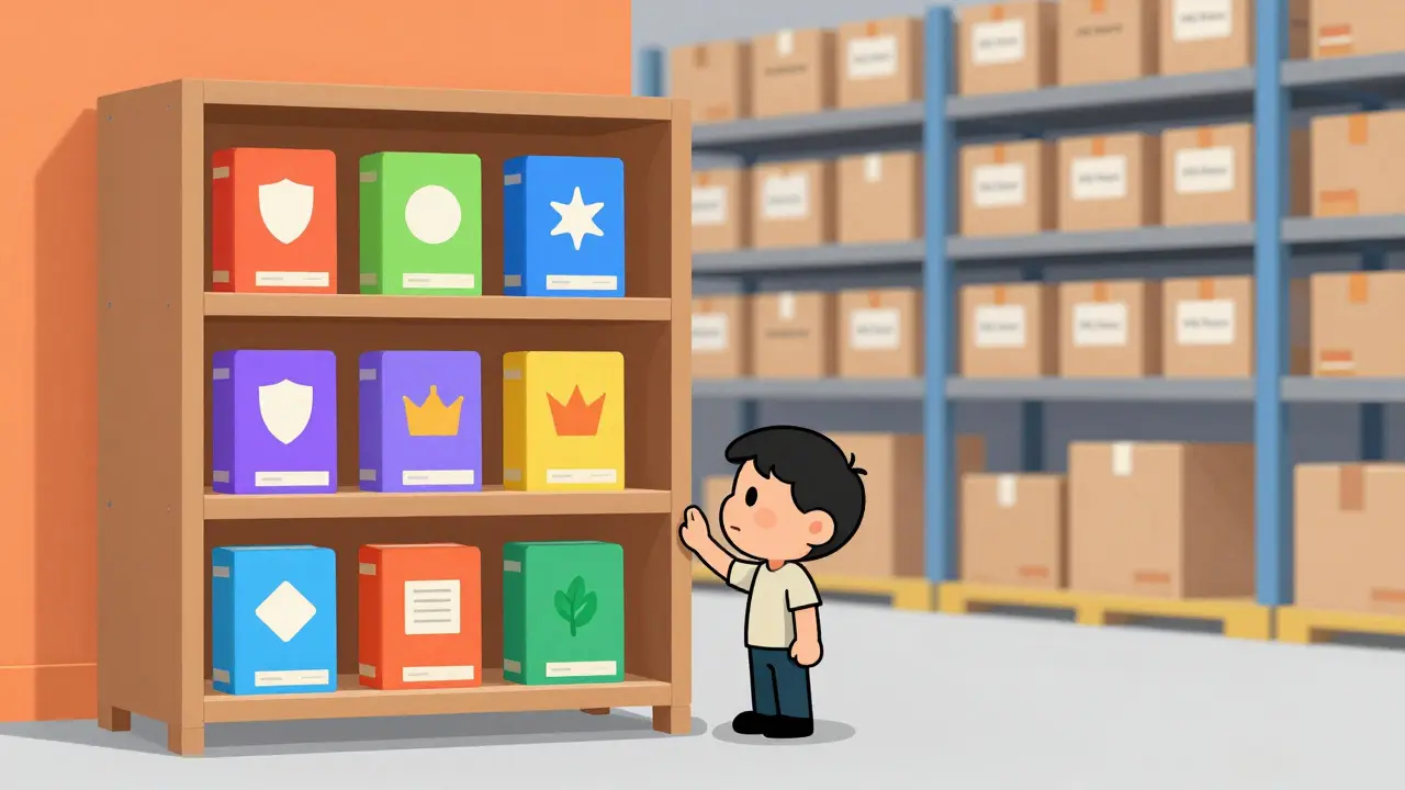 Illustration comparing a small shelf with eight tokens to a huge warehouse of many assets.