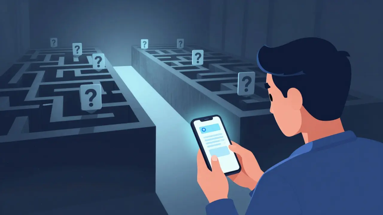 Illustration of a cautious user facing security risks and obscurity in niche DeFi platforms.