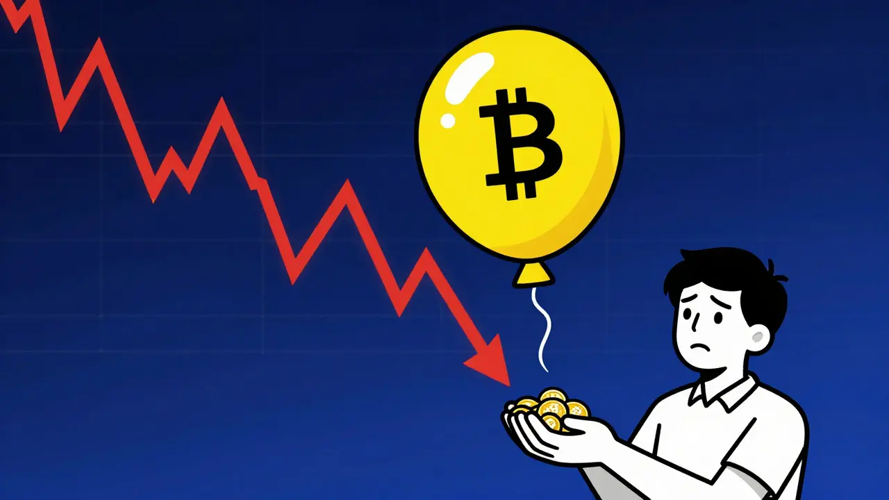 Illustration of a deflating crypto balloon and confused holder of low-value tokens