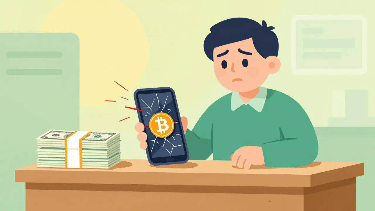 Illustration of a merchant struggling with a glitchy Bitcoin app