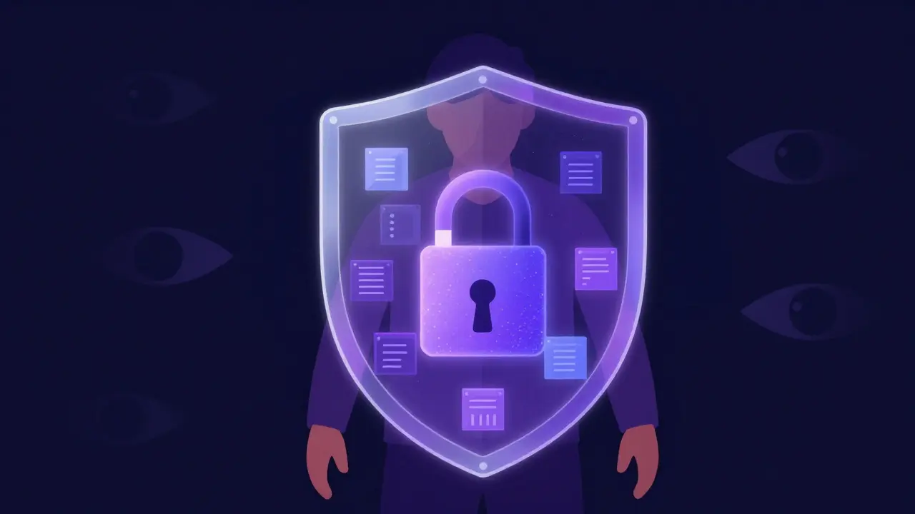 Illustration of a person behind a glowing privacy shield protecting encrypted data from view.