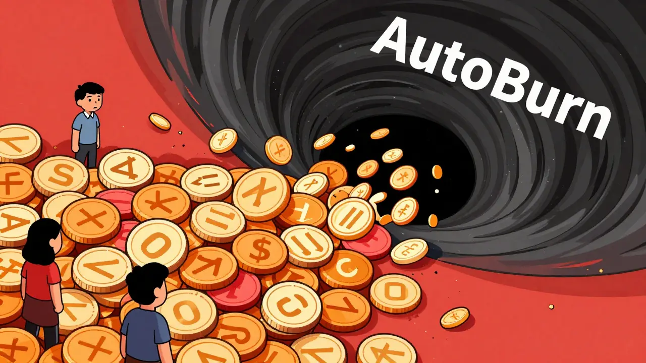 Illustration of coins disappearing into a vortex, symbolizing the AutoBurn mechanic and risks.