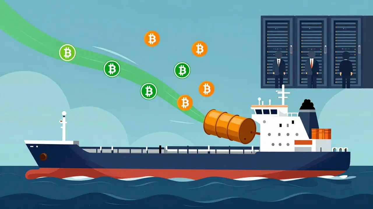 Illustration of oil ships transferring goods while digital crypto tokens flow to servers