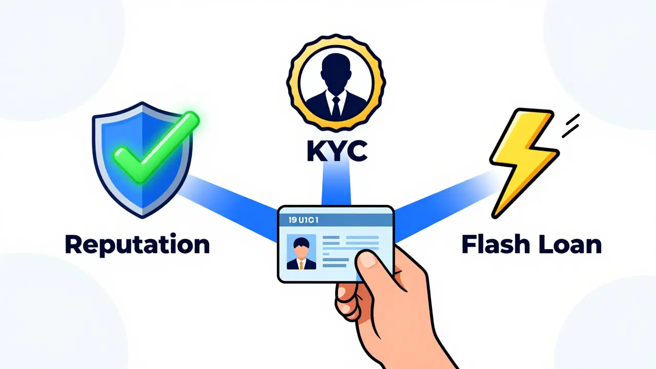 Illustration of reputation, KYC, and flash loan paths for DeFi credit