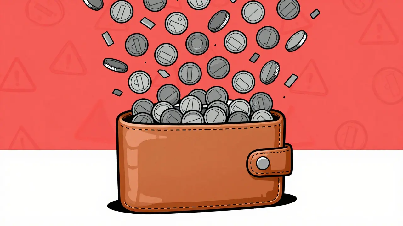 Illustration of worthless coins raining into a digital wallet as spam