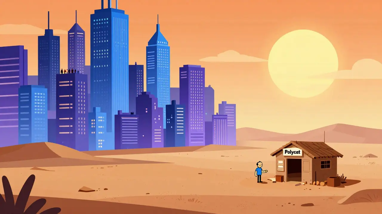 Illustration showing a deserted Polycat booth next to a busy Uniswap city skyline