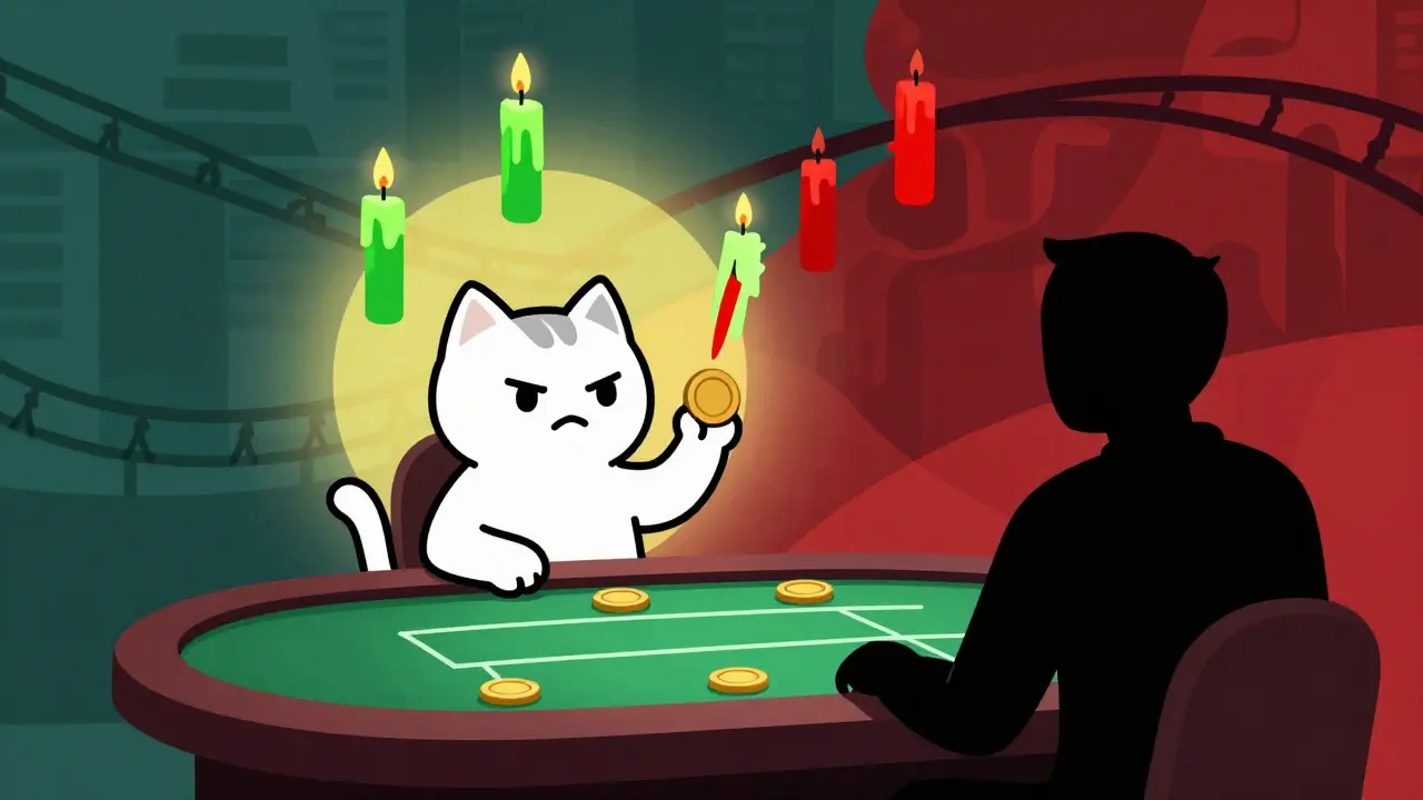 Nervous cat at a gambling table amidst volatile price charts