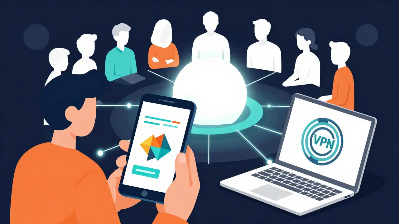 Person using phone and laptop to access crypto via VPN, surrounded by community