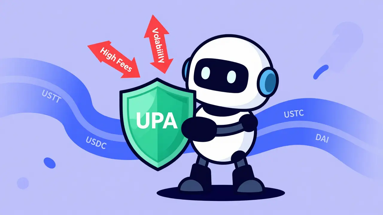 Robot mascot protecting stablecoins from volatility