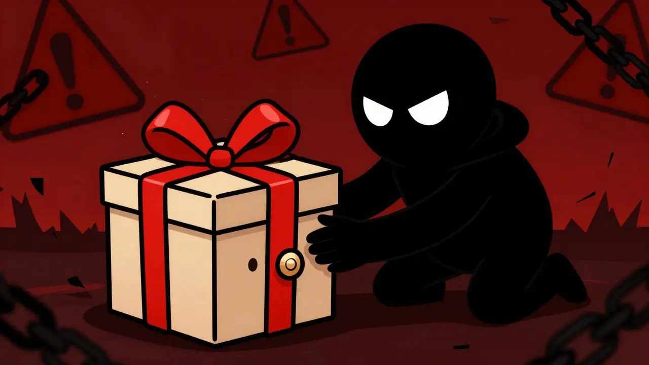Shadowy scammer disguised as a gift trying to steal a crypto wallet
