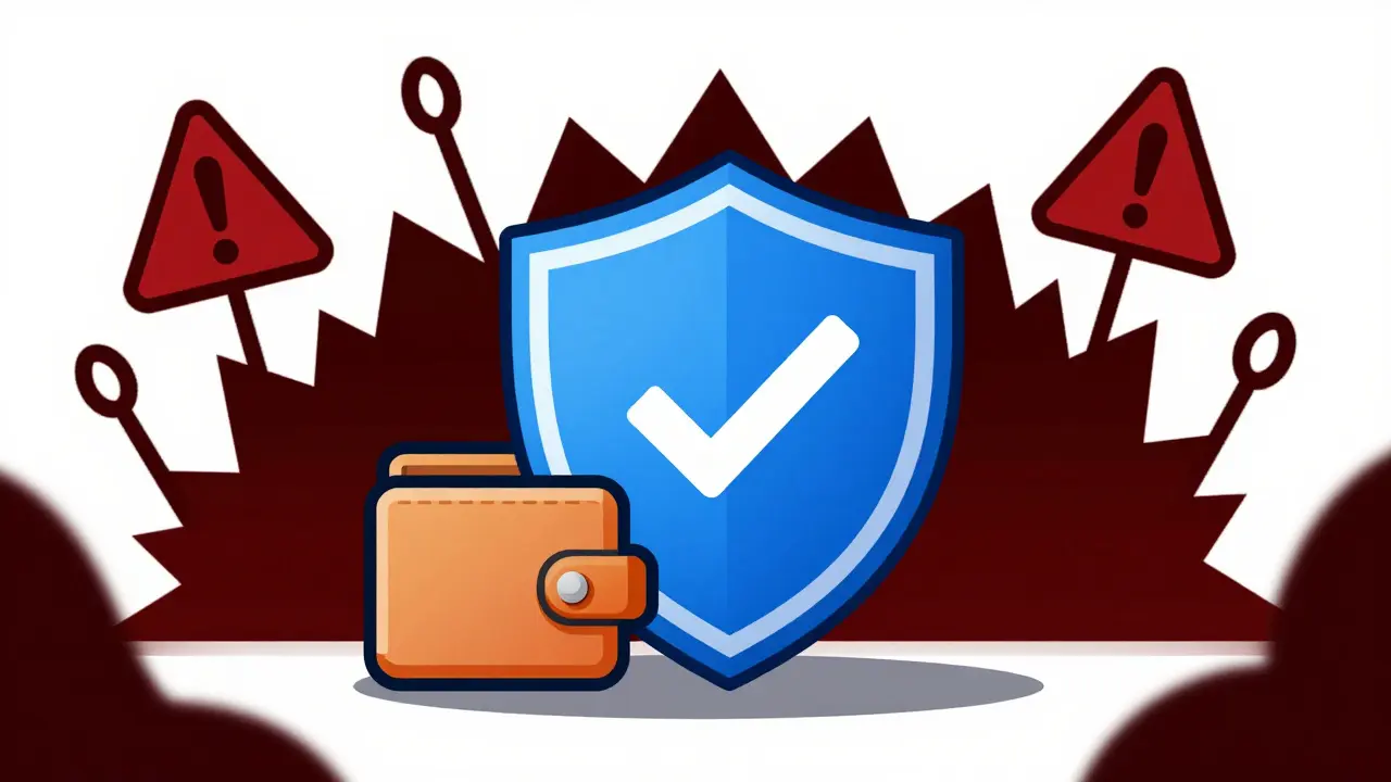 Shield protecting a wallet from phishing threats in a retro style.