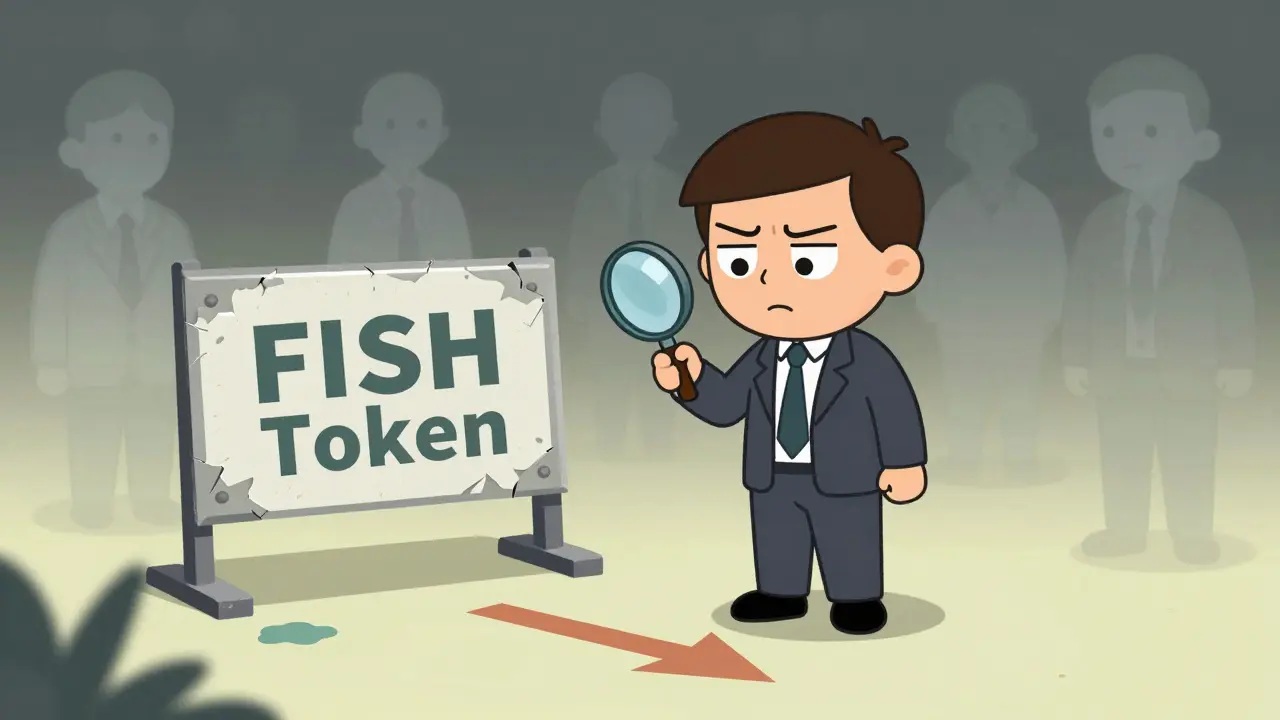 Skeptical investor inspecting a fading FISH token sign with ghostly users in background