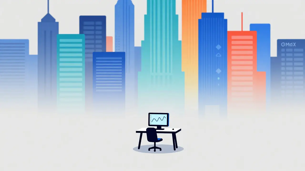 Small trading station isolated from large financial buildings, symbolizing low liquidity.