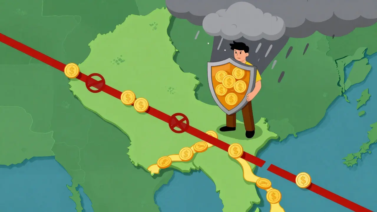 Stylized map showing crypto funds bypassing barriers for remittances