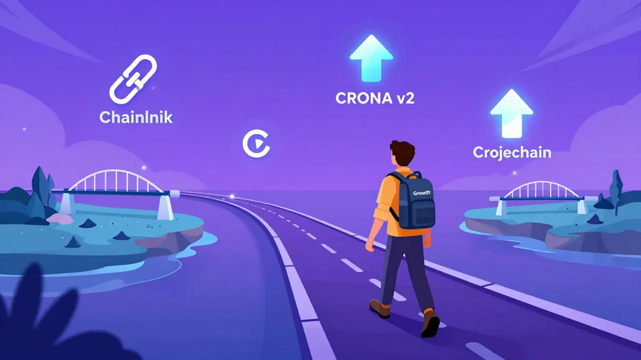 Stylized roadmap graphic showing future upgrades and cross-chain bridges for CronaSwap.