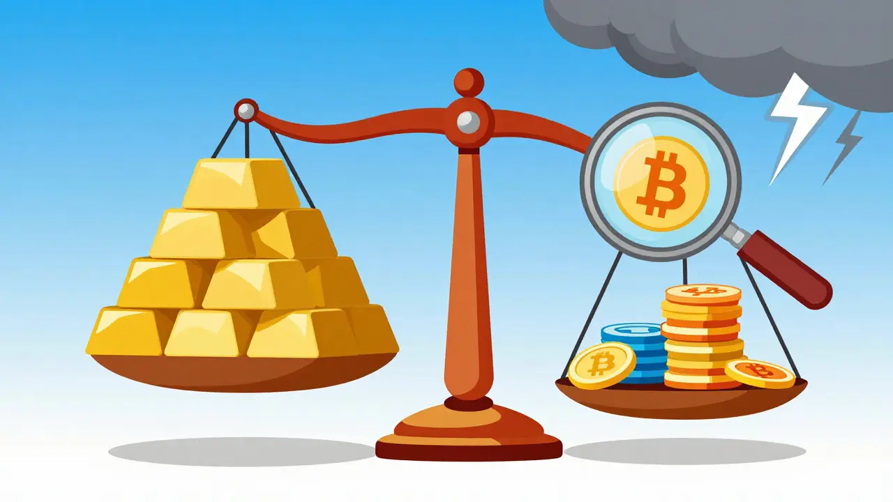Stylized scale comparing safe assets vs risky undercollateralized loans
