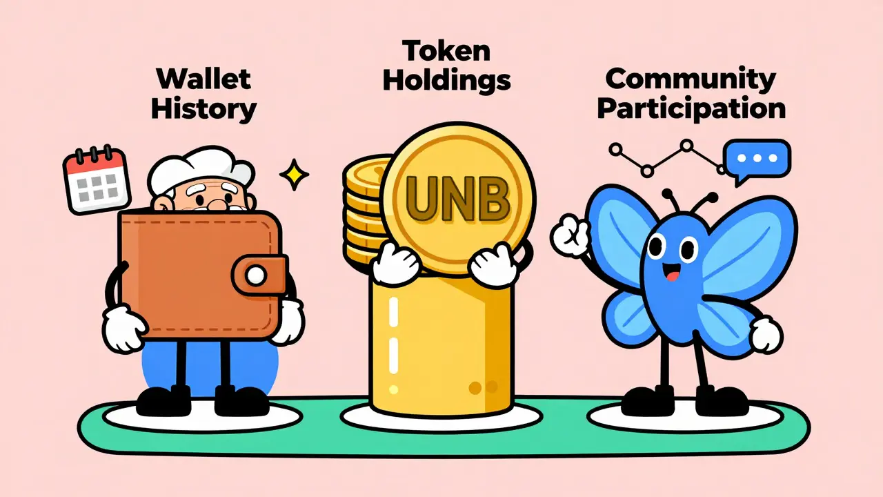 Three characters representing wallet history, tokens, and community tasks