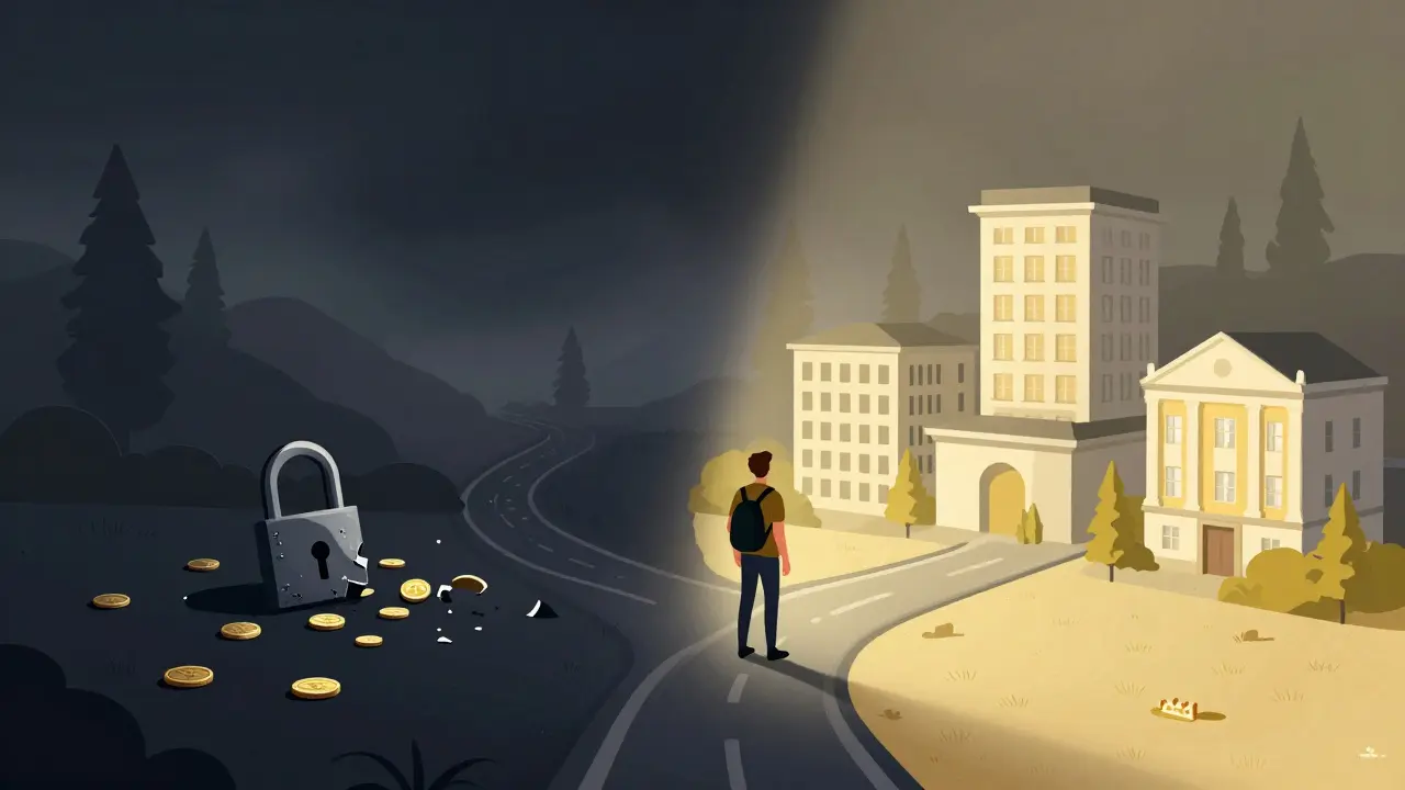 Traveler choosing safe path with secure buildings over dark, risky path with broken locks.