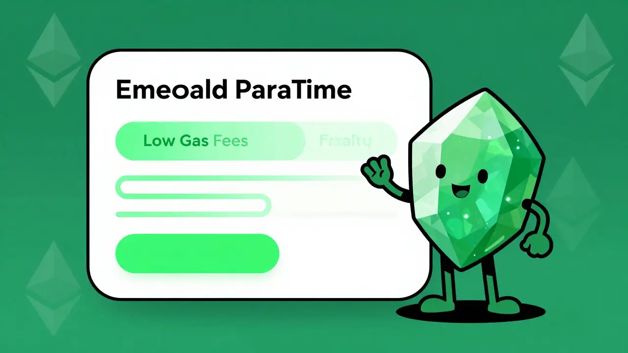 UPA style art showing a green emerald character and abstract DEX interface for Emerald ParaTime.