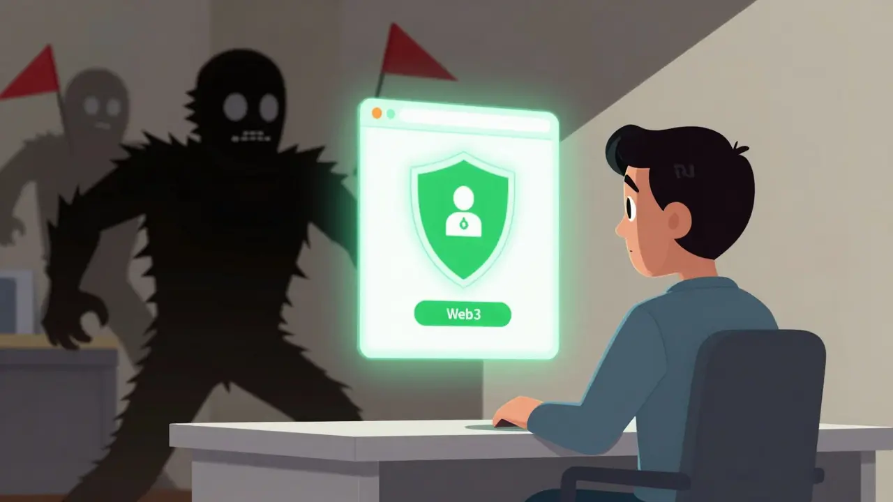 User securing their wallet while avoiding scam shadows in a cartoon style