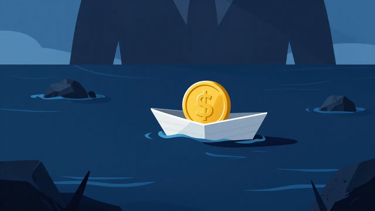 A small boat on shallow water illustrating thin liquidity and crypto risk in UPA style.