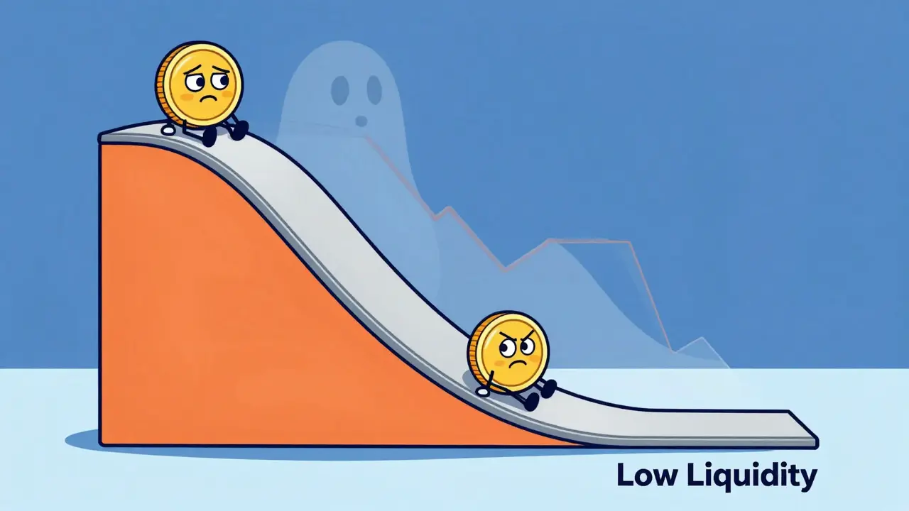 Cartoon coin sliding down a steep bearish market graph
