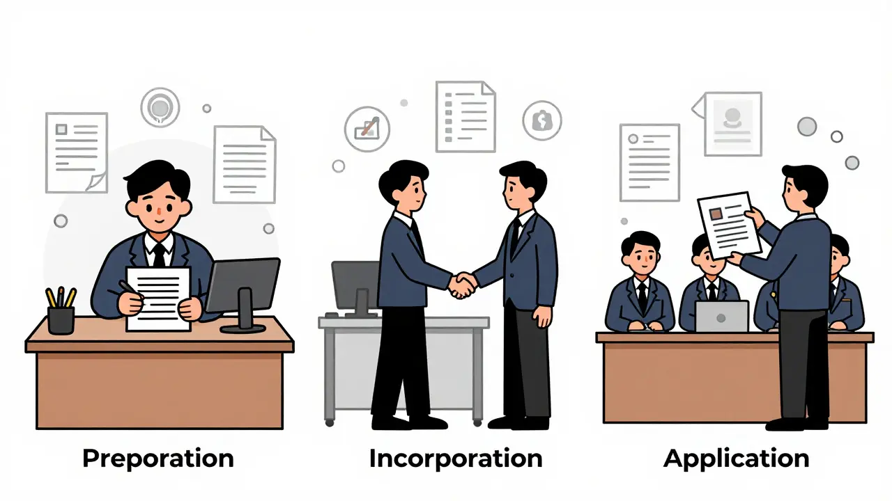 Cartoon depiction of the three-step licensing process
