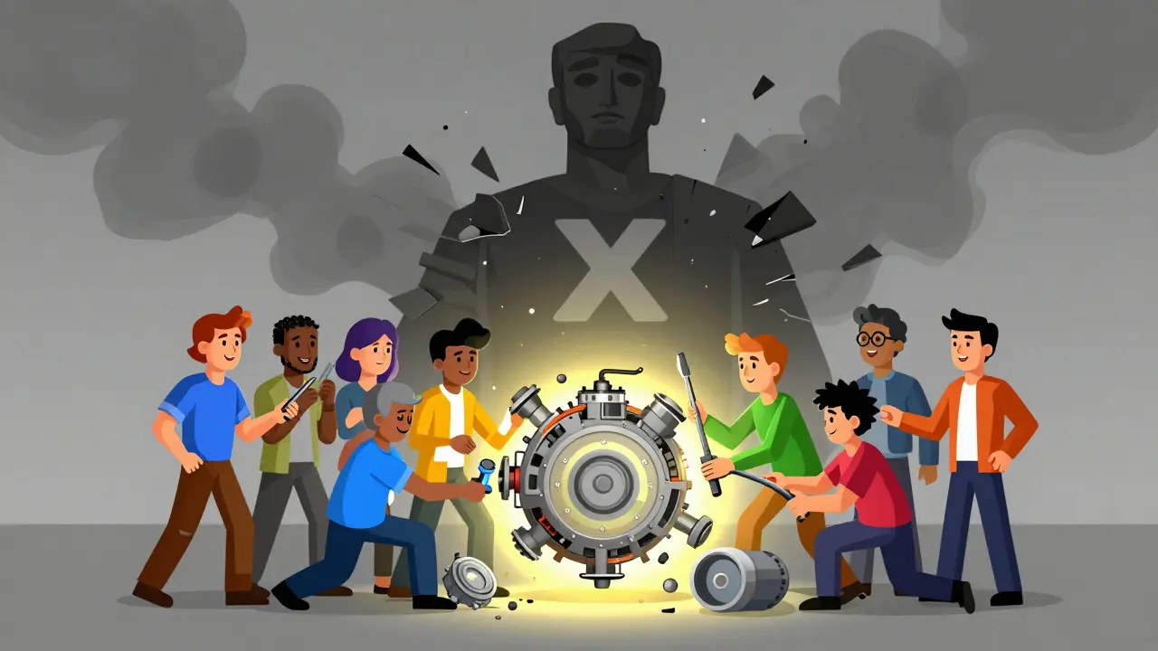Cartoon developers rebuilding a crypto engine after a collapse
