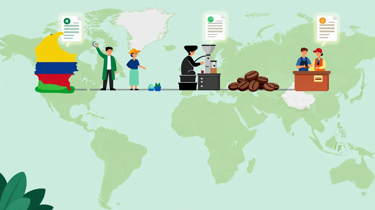 Cartoon map showing coffee bean journey with digital tokens