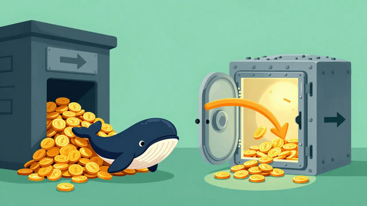 Cartoon showing coins moving into exchanges versus out to cold storage