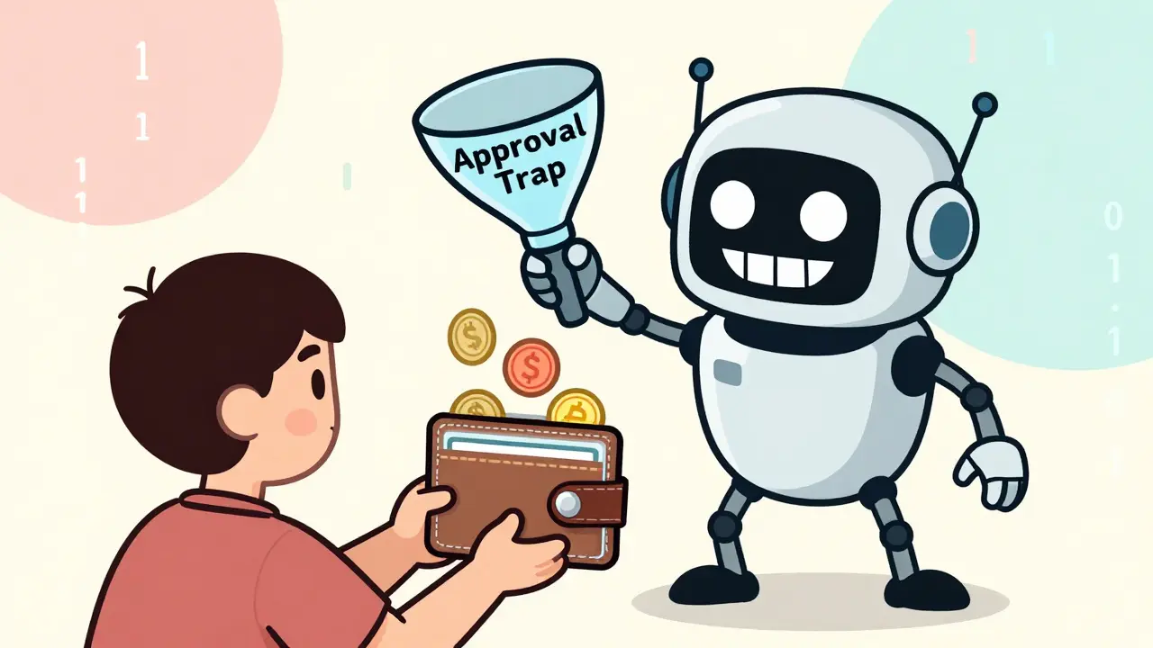 Cartoon thief draining a digital wallet through a fake approval trap.