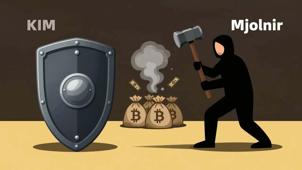 Comparison of real KIM token security vs fake Mjolnir scam tactics.
