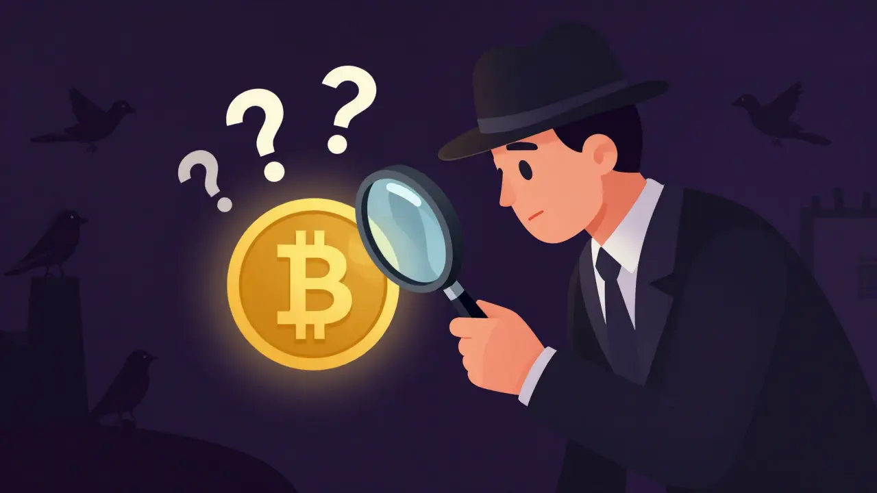 Detective investigating obscure crypto token with magnifying glass in illustration