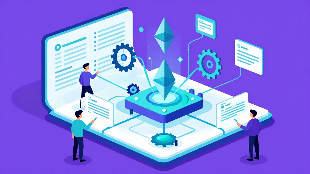 Ethereum smart contracts forming a network in colorful UPA illustration style