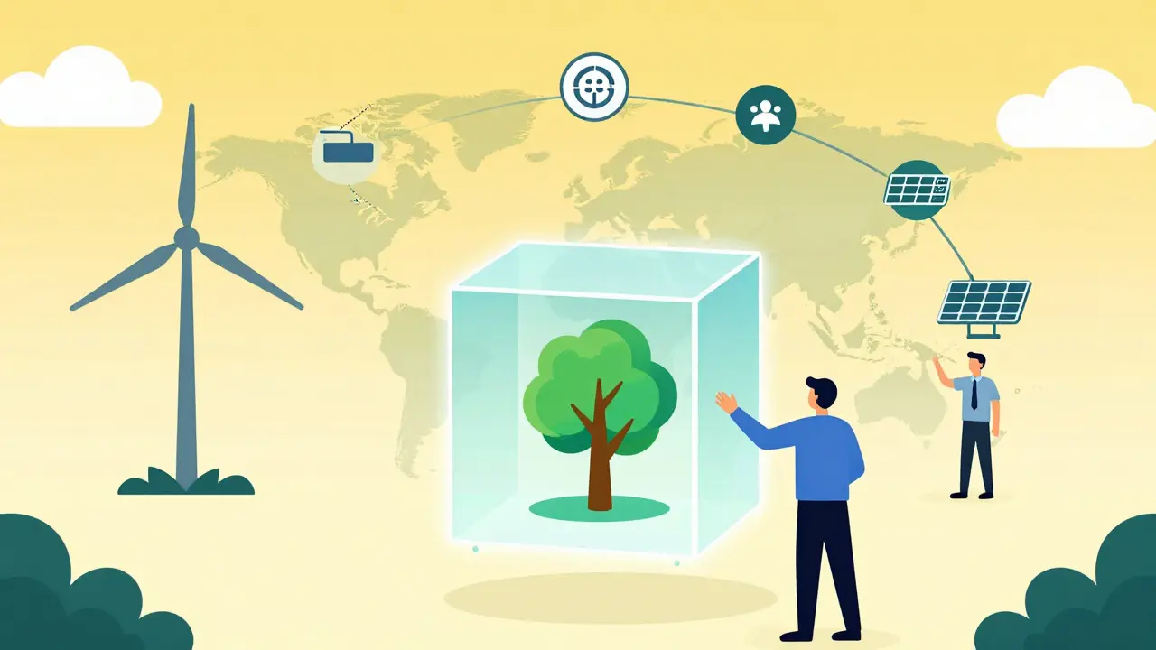 Floating digital carbon credit token with a tree inside, UPA style