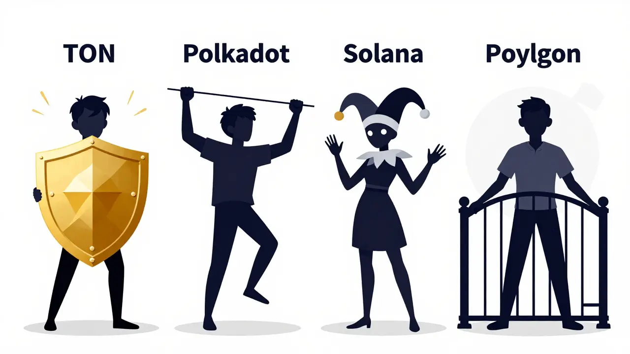 Four personified blockchain networks shown as distinct characters in UPA style