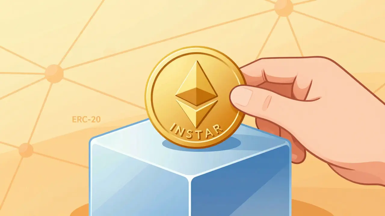 Golden INSTAR token on blockchain blocks representing crypto rewards