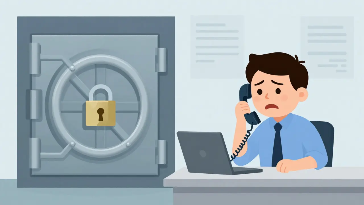 Graphic showing a locked vault and frustrated user for security concerns