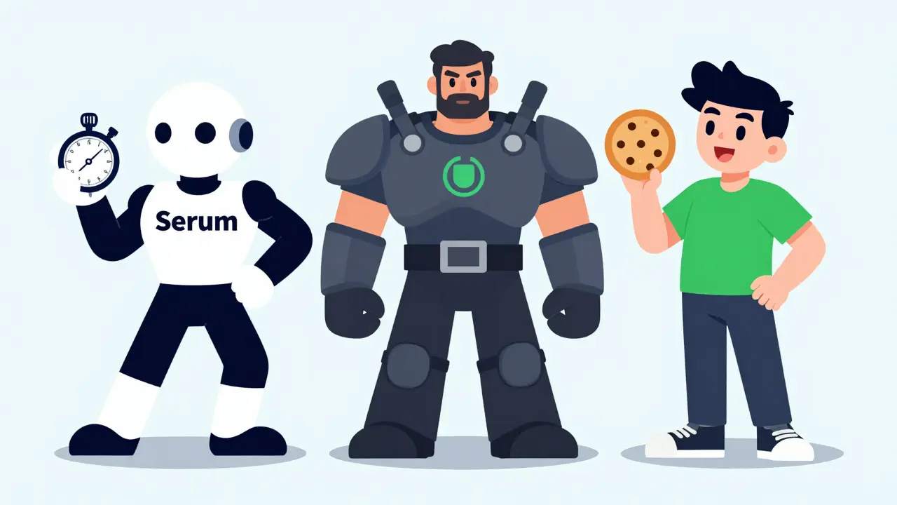 Illustration comparing three crypto exchange styles: speed, security, ease