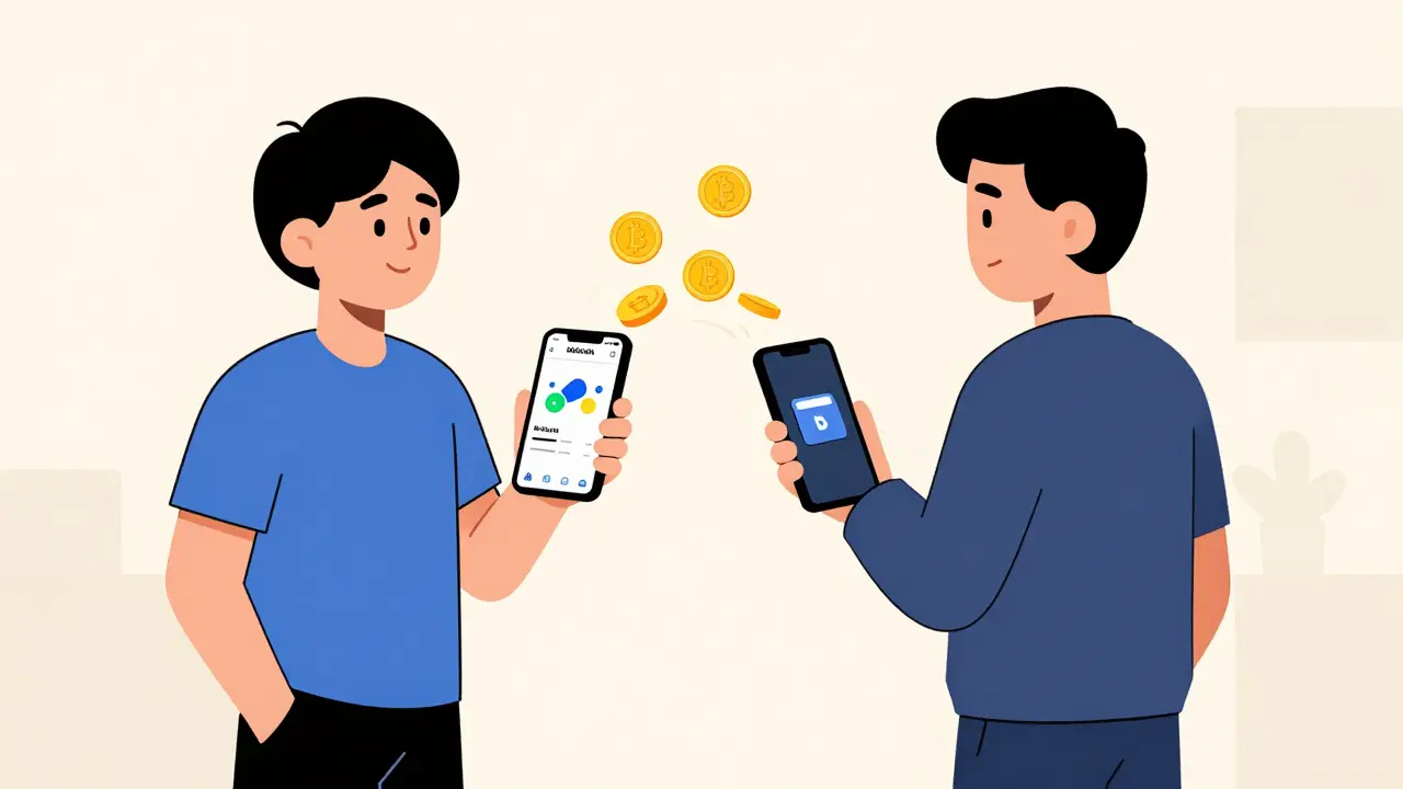 Illustration of two people exchanging money and crypto via smartphones