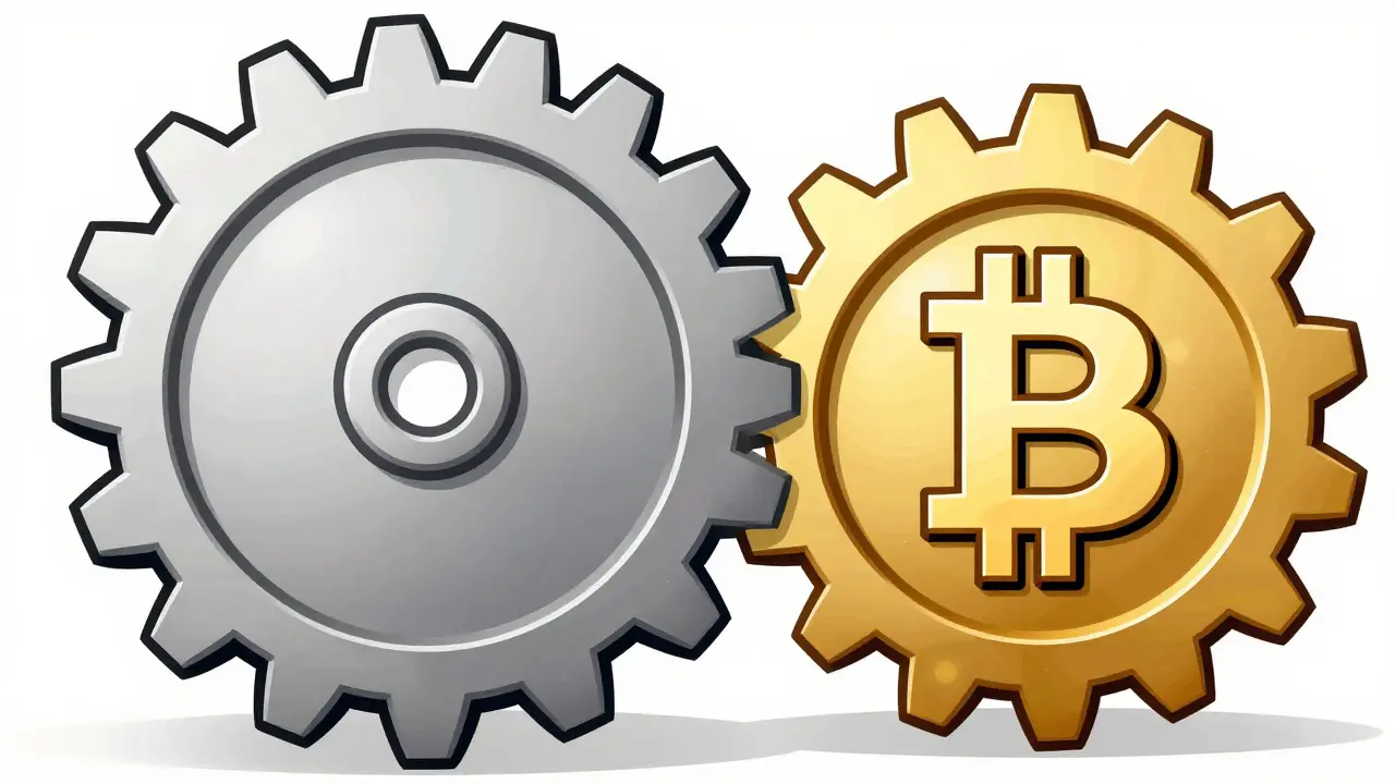 Interlocking gears representing Bitcoin and Unobtanium merge mining