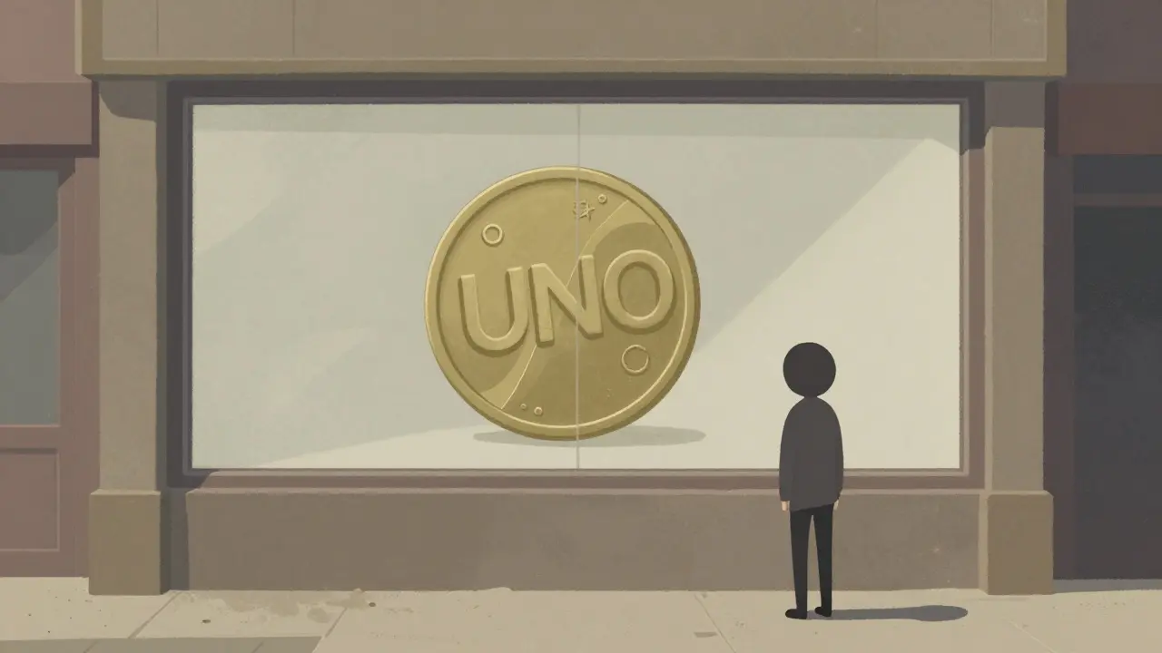 Lonely storefront with UNO coin, illustrating low liquidity